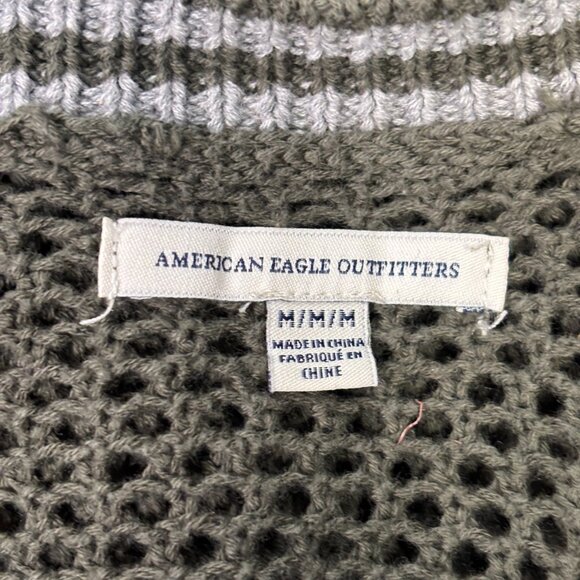 American Eagle Cardigan Medium Green Longline Varsity Open-Knit Sweater Cotton - Picture 7 of 8